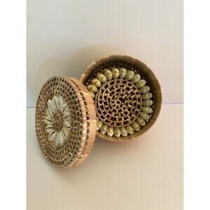 Hand Woven Seagrass Coaster set of 6 with Cowrie Shells in Container with Lid